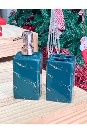 Kit de Banheiro Verde Mármore com 2 Peças