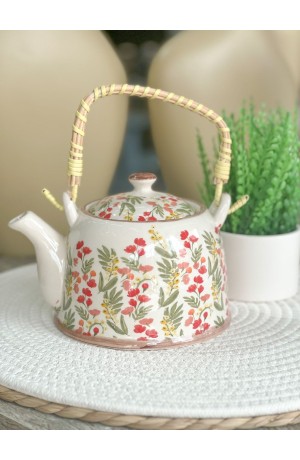 Bule Decorativo de Porcelana Floral - Branco e Vermelho