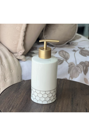 Porta Sabonete Liquido Branco com Dourado de Porcelana