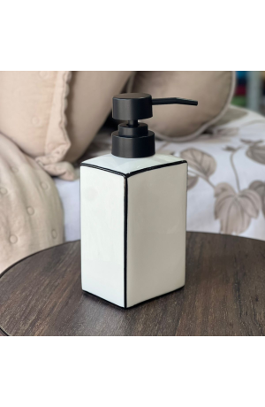 Porta Sabonete Liquido de Porcelana  Preto C/ Listras Brancas