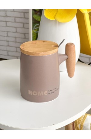 Caneca Nude de Cerâmica com Tampa de Bambu 350ml