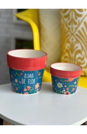 Vaso Decorativo  de Porcelana Vermelho e Azul - Flores  (P)