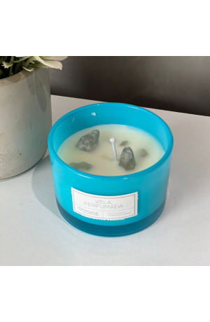 Vela Aromática com castiçal Azul e Pedras