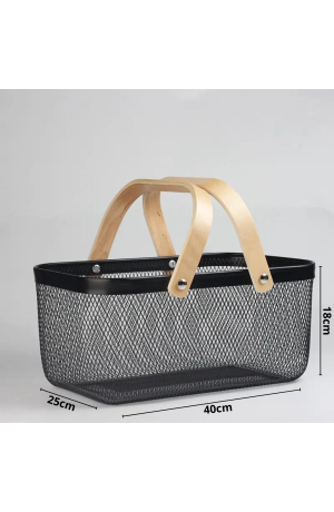 Cesta /Fruteira Preta de Metal com Alça de Madeira - (G)