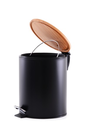 Lixeira 5L Preta com Tampa de Bambu com Pedal Lisa