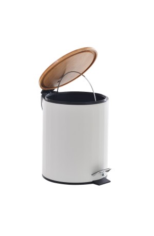  Lixeira 5L Branca com Tampa de Bambu com Pedal Canelada