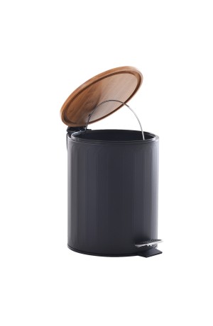 Lixeira 5L Preta com Tampa de Bambu com Pedal Canelada