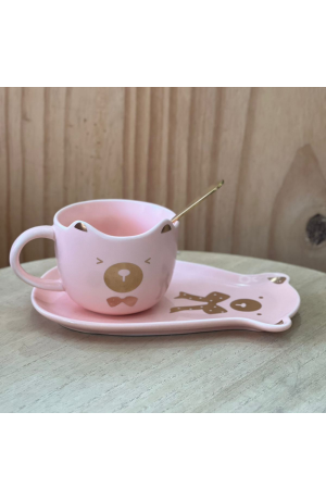 Xicara de Cerâmica  Rosa ''Ursinho'' com  Pires em formato de urso polar  + Colher de Metal - 220ml