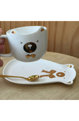 Xicara de Cerâmica  Branca ''Ursinho'' com  Pires + Colher  - 220ml