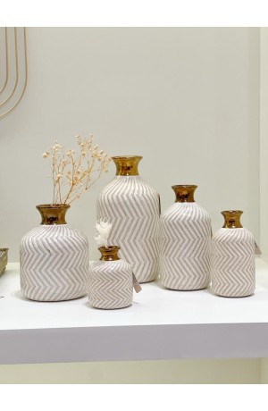 Vaso de Cerâmica Chevron Creme e Dourado Peq 14cm