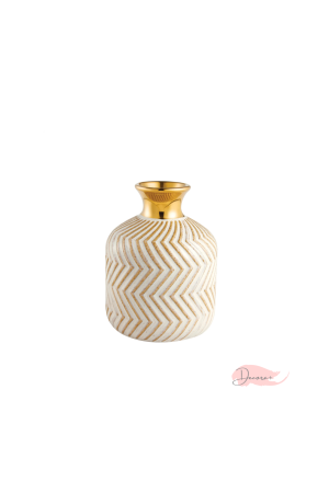Vaso de Cerâmica Chevron Creme e Dourado Bojudinha Pequeno 9,5cm