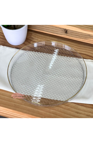 Bandeja Transparente Redonda com borda Dourada  - (P)