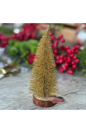 Mini Pinheiro Dourada com Base de Madeira 20cm