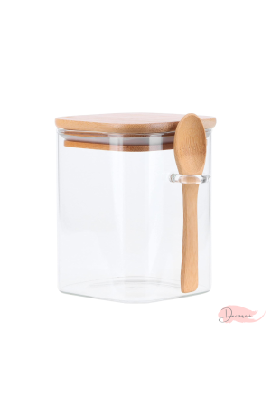 Pote de Vidro com Tampa e Colher de Bambu Quadrado - 550ml