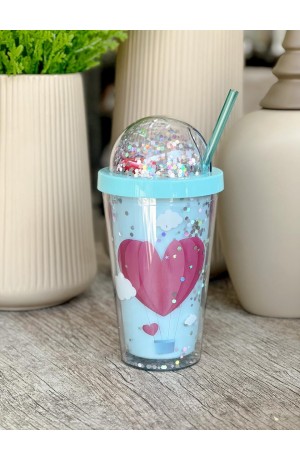 Copo de Plástico com Canudo Azul Bebê - Corações 450ml