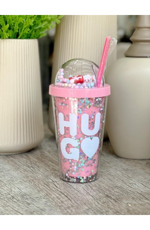 Copo de Plástico com Canudo Hugo - Pink  450ml