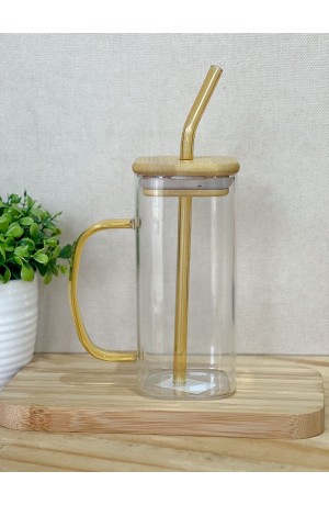 Caneca de Vidro c\ Canudo e Tampa de Bambu 400ml Amarela