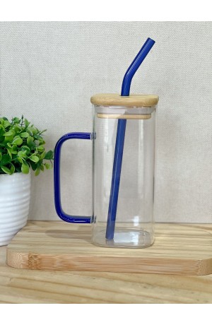 Caneca de Vidro c\ Canudo e Tampa de Bambu 400ml Azul
