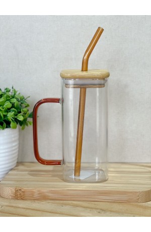 Caneca de Vidro c\ Canudo e Tampa de Bambu 400ml Marrom