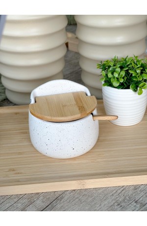 Saleiro Branco de Cerâmica com Tampa de Bambu - Grano 9,7cm X 11cm