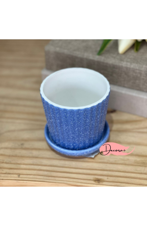 Vaso de Cerâmica Texturizado com Prato Azul Escuro - 10cm X 10cm