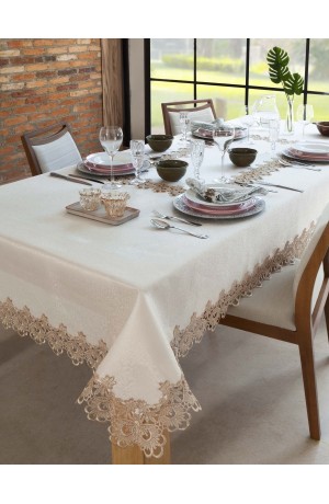 Toalha de Mesa Bege Rendada Veneza -  10 Lugares /160xm X 300cm