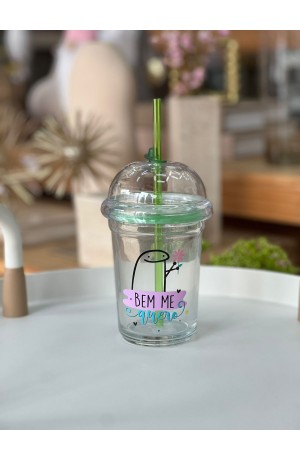 Copo de Vidro c/Tampa Domo e Canudo 