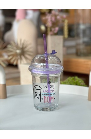 Copo de Vidro c/Tampa Domo e Canudo 