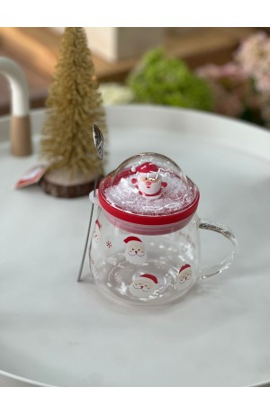 Caneca de Vidro com Colher e Tampa 400ml -  Papai Noel