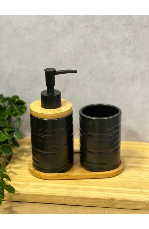 Kit de Banheiro Preto de Porcelana e Bambu - 3 Peças