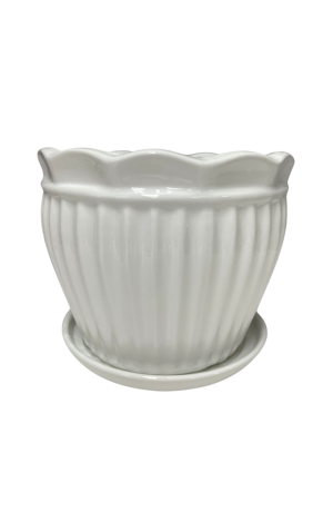 Vaso de Cerâmica com Pratinho Branco com Listras Verticais 15cm