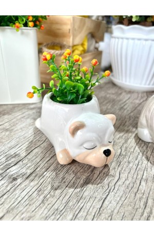 Cachepot Cachorro Branco Deitado